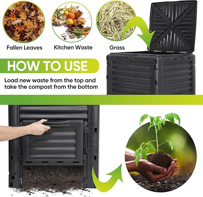 JupiterForce Garden Compost Bin 80 Gallon (300 L) from BPA Free Material, Large Composting Bin Outdoor Composter, Easy Assembling, Fast Creation of Fertile Soil, Lightweight, Black