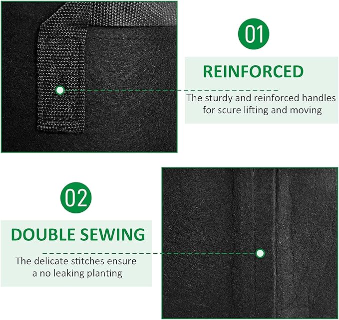 12-Pack 15 Gallon Thickened Non-Woven Grow Bags, Aeration Fabric Pots with Handles（Black）