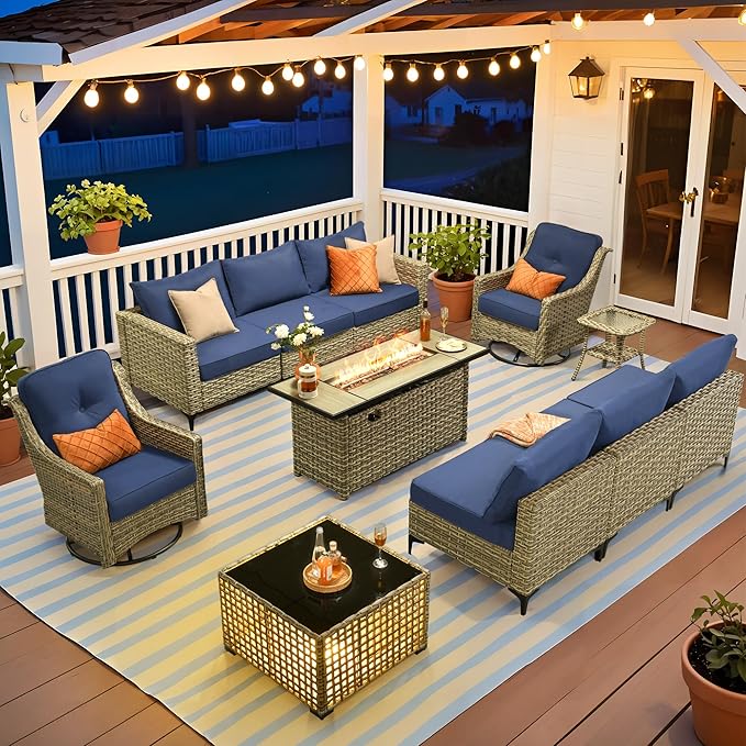 HOOOWOOO Outdoor Patio Furniture Set with Fire Pit Table,11 Pieces Wicker Out Door Sectional Furniture L Shaped Couch,Outside Patio Conversation Swivel Chair Sets,Navy Blue