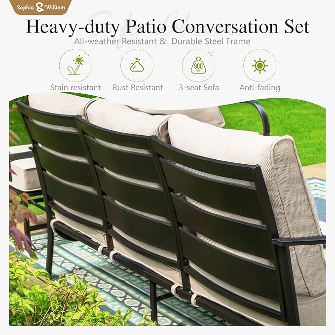 Sophia & William Patio Furniture Sets for 5 Outdoor Metal Conversation Sets 5 Pcs with 2 x Cushioned Swivel Sofa Chairs, 2 x Ottomans as Coffee Table, 1 x 3-Seat Sofa, Lawn Backyard Poolside Beige