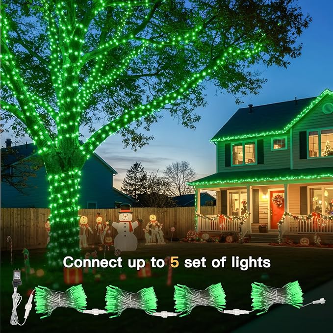 suddus Connectable Green Chirstmas Lights Outdoor with Remote, 66ft 200 LED String Lights Plug in Waterproof, Dimmable Clear Wire Fairy Lights for Xmas Tree,Halloween,Garden,Porch,Party Decorations