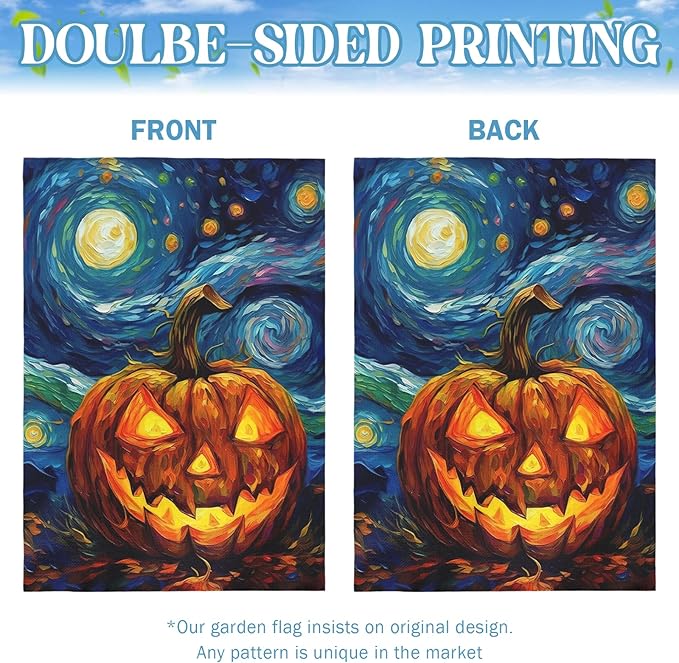 Halloween Garden Flag Pumpkin House Banner Van Gogh Garden Flags Arts Starry Night Sky Moon Yard Flags Double Sided Fall Porch Patio Farmhouse Outdoor Yard Window Decorative 28 x 40 Inch