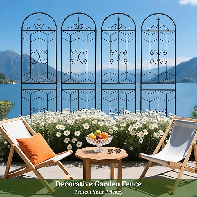 4 Pack Metal Garden Trellis for Climbing Plant Rose Stand, 86.7'' Tall Black Geometric Line Pattern Outdoor Flower Support Iron Garden Fence, Black