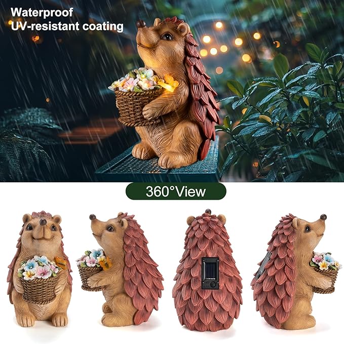 Solar Hedgehog Garden Statue with Flower Basket – Outdoor Decorative Resin Figurine with Solar Light for Lawn, Yard & Patio Decor