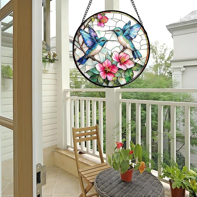 Stained Glass Window Hanging - Blue White Hummingbirds Pink Flowers Suncatcher for Door Terrace Garden Home Decor Bird Sun Catcher Birthday Gifts for Lovers Women Men Dad Mom Nana 9.8 in
