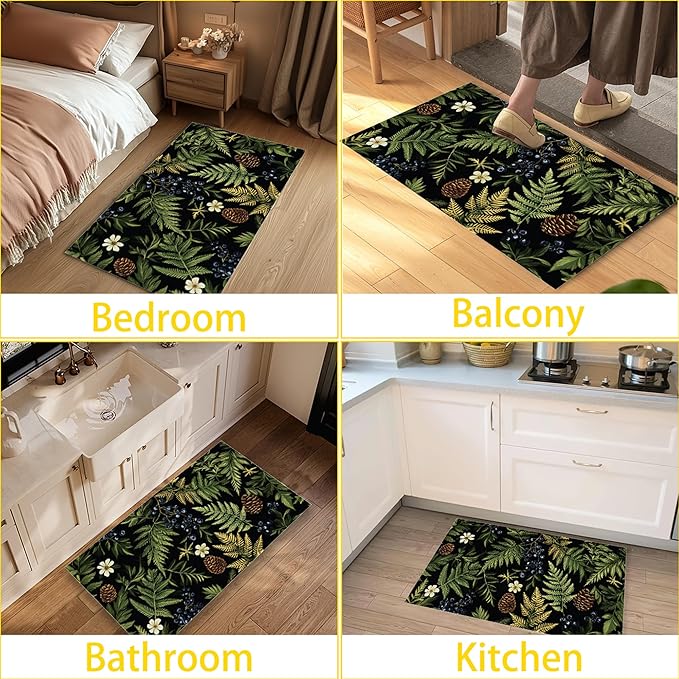 Green Herb Leaves Indoor Outdoor Rugs,Forest Berries Pine Cones Doormat Outside Entrance,Non-Slip Welcome Mat Indoor Felt Floor Mat for Back Door Patio, Porch,Home Entryway,30 x 17 Inch