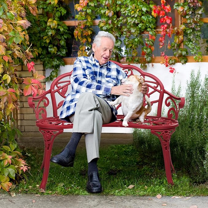 VINGLI 38.5" Patio Park Garden Outdoor Metal Rose Bench,Cast Aluminium Frame Antique Finish Chair,Accented Lawn Front Porch Path Yard Decor Deck Furniture for 2 Person Seat（Red