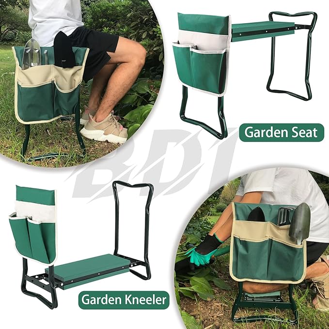 BDL Garden Kneeler Seat with Upgraded Thicken Kneeling Pad and 1 Large Tool Pouch, Foldable Stool 330lb Capacity-Protects Your Knees, Clothes from Dirt & Grass Stains