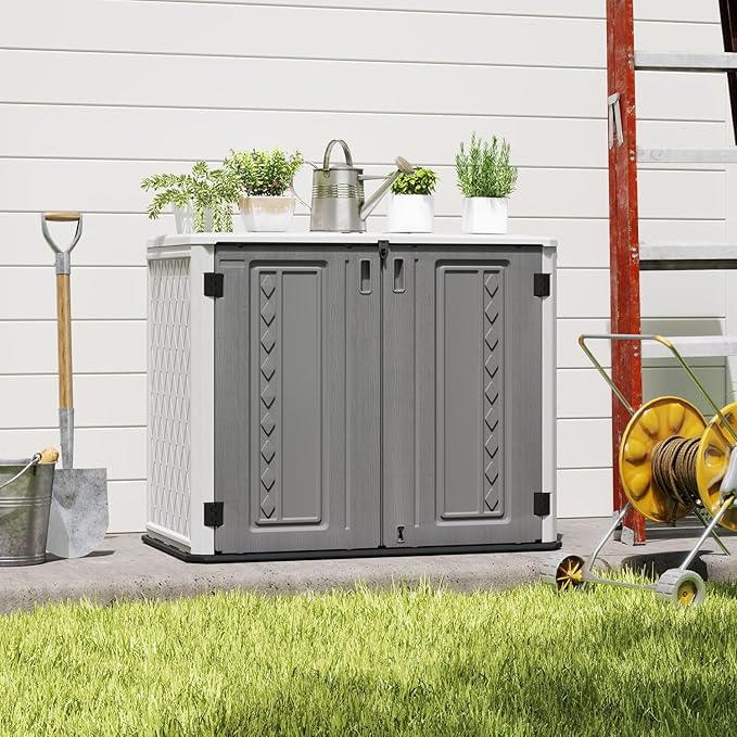 ZZM Outdoor Storage Shed Diamond Texture 4x3FT Horizontal Shed | 34 Cu.Ft Waterproof Resin Cabinet with Double-Wall | UV-Resistant & Lockable for Garden Tools, Bikes, Patio Furniture (Grey-White)