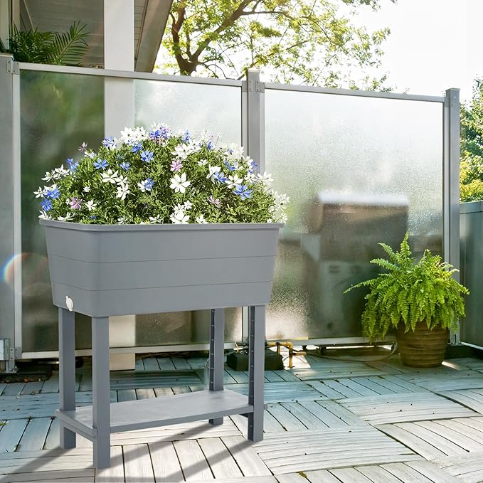 Aoodor 30'' × 14'' × 29'' Elevated Raised Planter Box with Legs, Storage Space, Plastic Drainage Plug & Water Level Indicator for Vegetables Flowers Herbs Outdoor, Gray, Set of 3