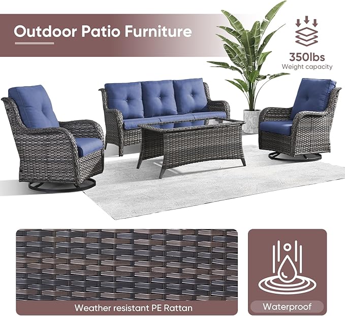 Patio Furniture 4 Piece, All-Weather PE Wicker Outdoor Furniture Set with Coffee Table,Outdoor Patio Furniture with Swivel Rocker Chairs and Outdoor Sofa