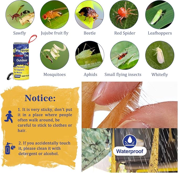 24 Pack Fly Strips Ribbon Sticky Indoor Outdoor Hanging, Fruit Fly Traps Outdoor Fly Paper Indoor, Gnat Flies Tape Catcher for Home