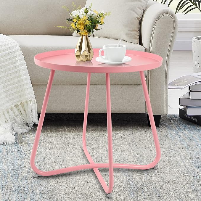 Babion Pink Round Side Table for Outdoor Patio, Yard, Garden, and Indoor Use - Small Steel Accent End Table