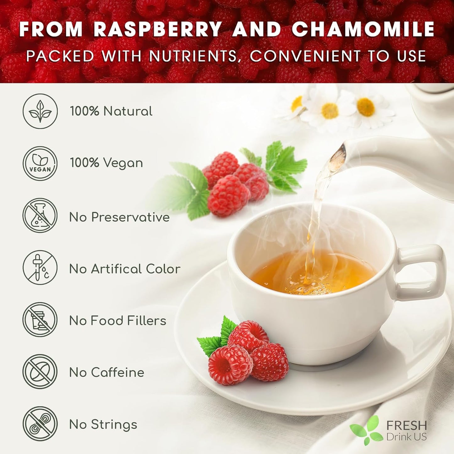 FreshDrinkUS, Premium Raspberry Leaf Tea with Chamomile – 135 Tea Bags | Naturally Caffeine-Free Herbal Blend | Soothing Floral Flavor | Premium Loose Herbal Tea in Natural Material Tea Bags