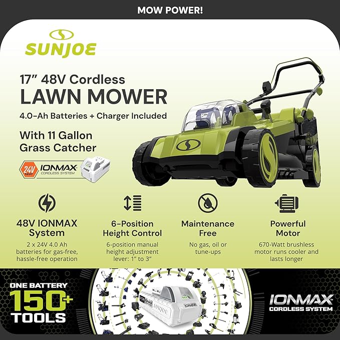Sun Joe 24 Volt 17 Inch Mulching Walk Behind Lawn Mower with 11 Gallon Grass Catcher, 6 Position Height Adjustment, Battery and Charger, 24V-X2-17LM