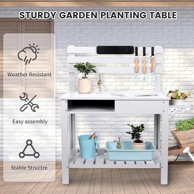 Kids Potting Bench Table Outdoor Garden Table Wooden Work Station Outdoor Garden Work Bench Platform with 3 Side Hook Shelf Natural Wood White Grey Gift for Boys Girls