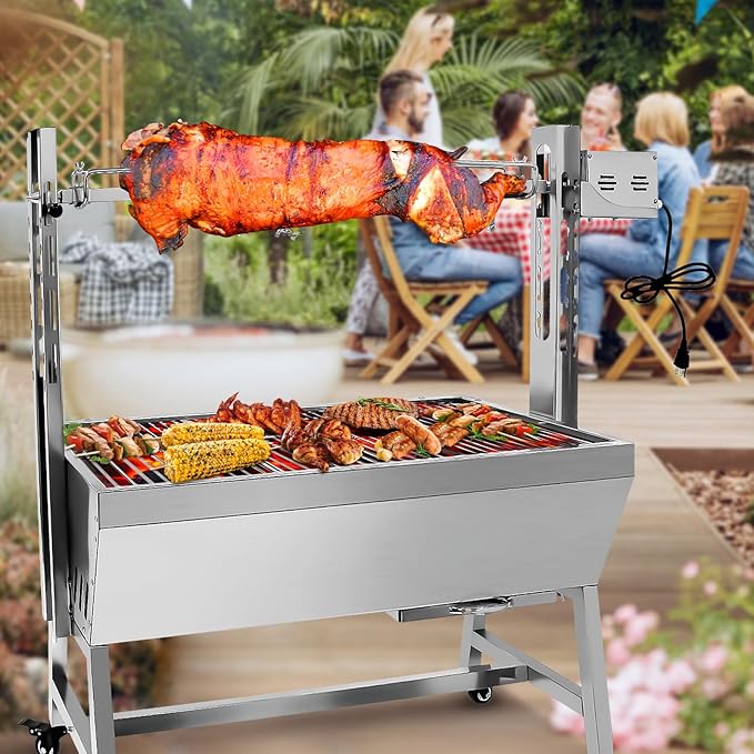 Rotisserie Grill Charcoal Spit Roaster, Stainless Steel 37" Pig Lamb Hooded Roaster Charcoal Spit With 25W Motor & Adjustable Height Lockable Casters For Party Barbecue,132 LBS Without Baffle