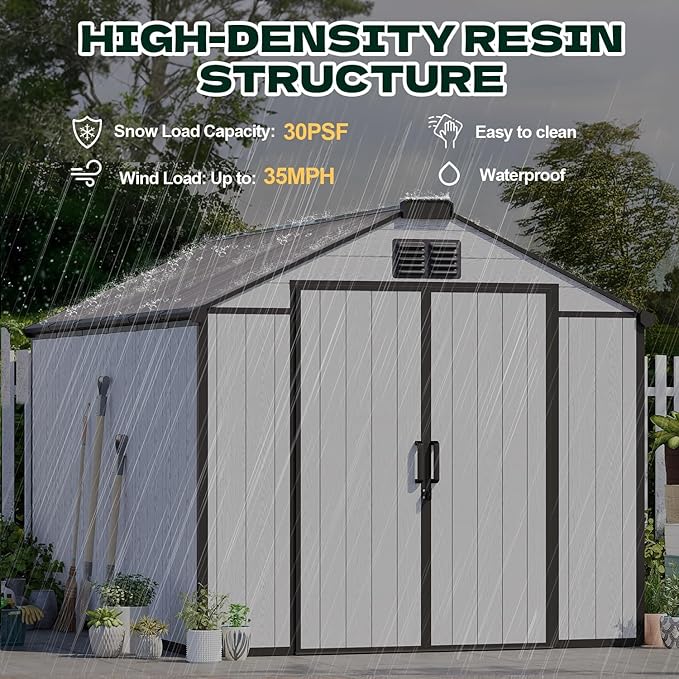 MELLCOM 8 x 10 FT Resin Garden Storage Shed with Floor, Outdoor Storage Shed with Windows and Lockable Door, Resin Tool Shed for Bike, Pool Supply, Lawnmower
