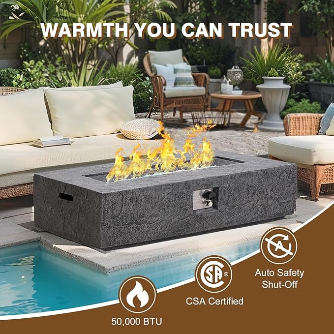 Outdoor Propane Fire Pit Table – Premium Slate-Like MgO Finish, 48-Inch Gas Fire Table for Patio, Garden & Backyard, Includes Rain Cover & Glass Beads
