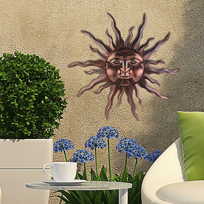 VZVXCC Large Metal Sun Wall Art Decor- 30 inches Sun Wall Hanging Decoration for Indoor Outdoor, 3D Sunshine Face Metal Wall Sculpture for Home Bedroom Living Room Office Garden Yard Patio(Bronze)