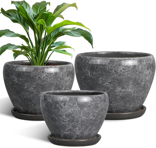 Ceramic Planters - 10 Inch 8 Inch 6 Inch Round Decorative Plant Pots with Drainage Holes and Saucers for Indoor Outdoor Flower, Room Home Apartment Decor, Gift for Women Men, Set of 3, Grey