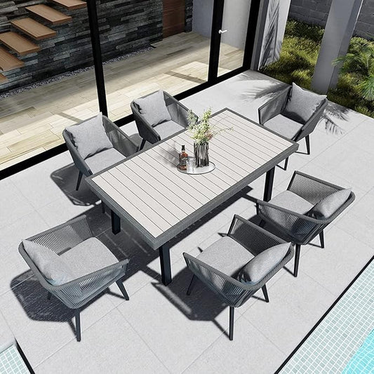 7 Pieces Patio Dining Set for 6 - All Weather Outdoor Dining Sets, All in One Outdoor Table and Chairs, Wicker Outdoor Patio Furniture Sets with Cushions and Pillows, Grey