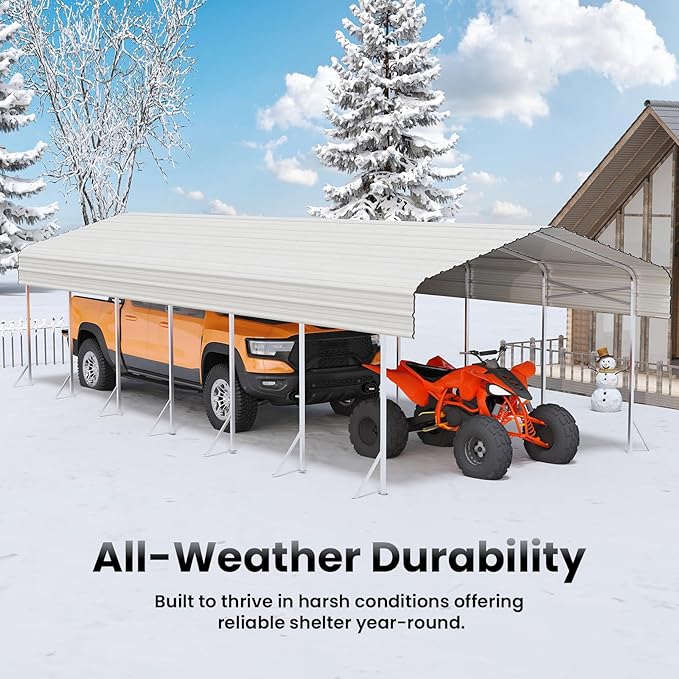 14x30' Heavy Duty Metal Carport – Sturdy Structure, All-Weather Protection, Easy Assembly for Cars, Trucks, Boats, Tractors, and Outdoor Storage (White, 14x30FT)