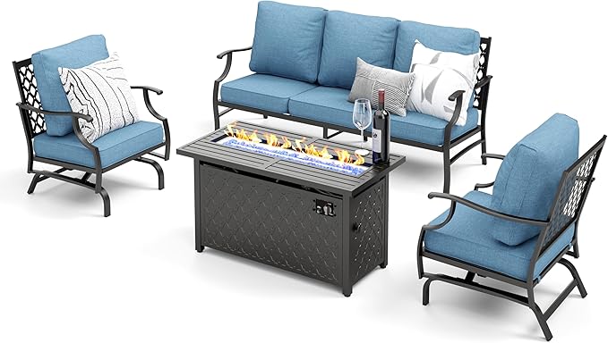 Patio Furniture Set, 4 Pcs Metal Outdoor Conversation Set, 2 Rocking Chairs and 3 Seater Sofa with 5.75" Extra Thick Cushion and Gas Fire Pit Table for Backyard Deck, Navy Blue