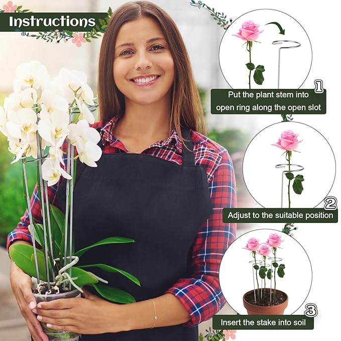 Suclain 10 Pack 30 Inch Plant Support Stake Garden Single Stem Flower Support Stake Cage DIY Stainless Steel Tall Plant Sticks Ring Bracing for Flowers Orchid Tomatoes Peony Lily Rose