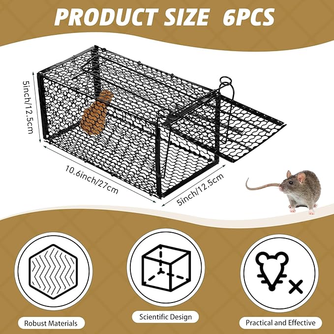Qualirey 6 Pcs Humane Rat Trap Small Chipmunk Mouse Squirrel Cage Rodent Animal Mice Voles Hamsters Cage Catch and Release Trap for Home Garden Indoor Outdoor(10.6 x 5 x 5 Inch)