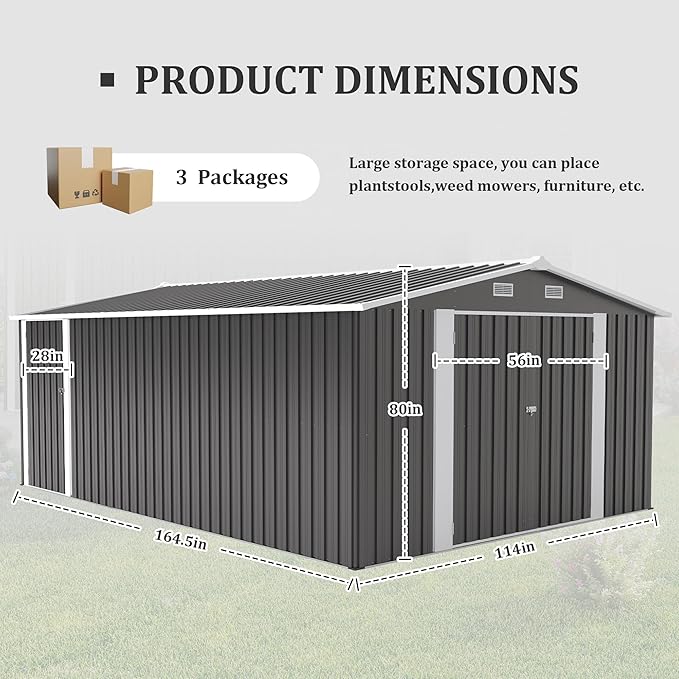 KEIKI 10x 14 FT Metal Storage Shed Outdoor, Large Garden Shed with Roof & Lockable Doors, Utility Tool Sheds Frame & 4 Vents for Patio Backyard Bicycles Storage House, All Weather Use, Dark Grey