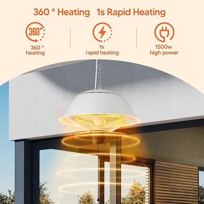 Electric Outdoor Heater, 1500W Hanging Ceiling Mounted Infrared Patio Heater for Outdoor Use, Waterproof Electric Heater for Porch, Balcony, Garage, Adjustable Height, White
