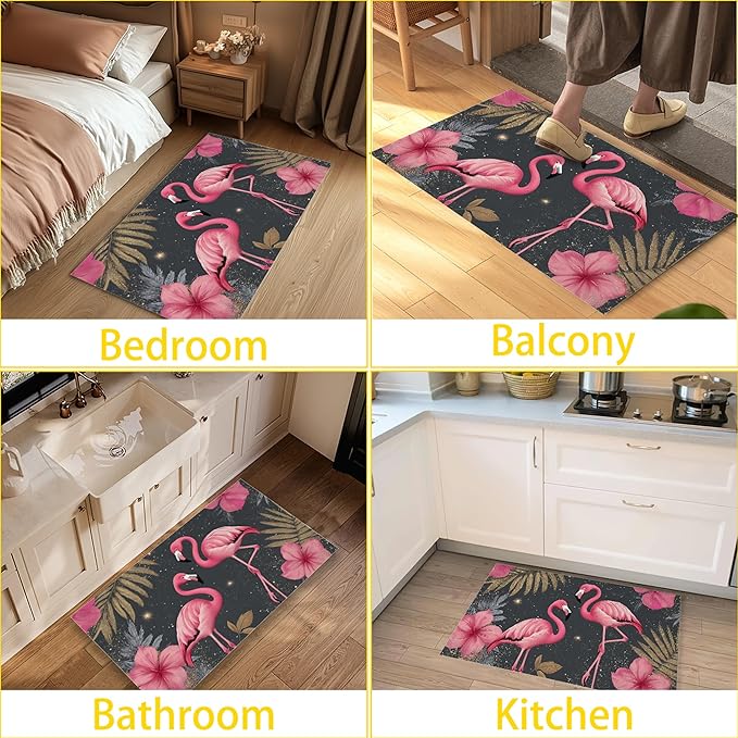 Front Door Mat,Pink Flamingo Doormat Outside Entrance,Non-Slip Gold Palm Leaves Entryway Rug for Porch Patio, Felt Low Profile Welcome Mat Indoor for Hallways, 30 x 17 Inch