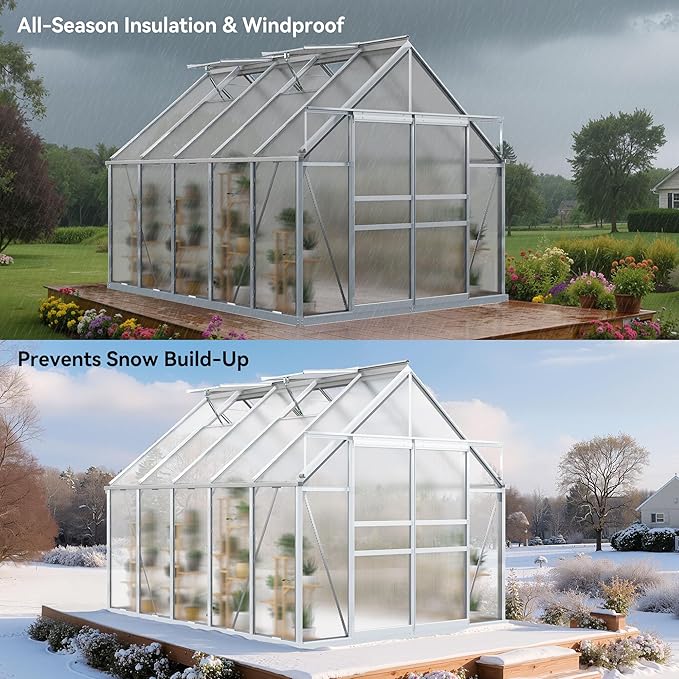 YITAHOME 10x8FT Polycarbonate Greenhouse Large Heavy Duty Green Houses Outdoor Aluminum Greenhouses with Sliding Doors Vent Window Walk-in Greenhouse for Garden Backyard, Matte Silver