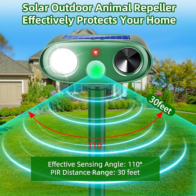 2025 2Pack Cat Repellent Outdoor Ultrasonic Animal Repellent Solar Animal Repeller with LED Flashlight&Motion Sensor Deer Repellent Device to Scare Fox Dog Squirrel Skunk Rabbit Raccoon