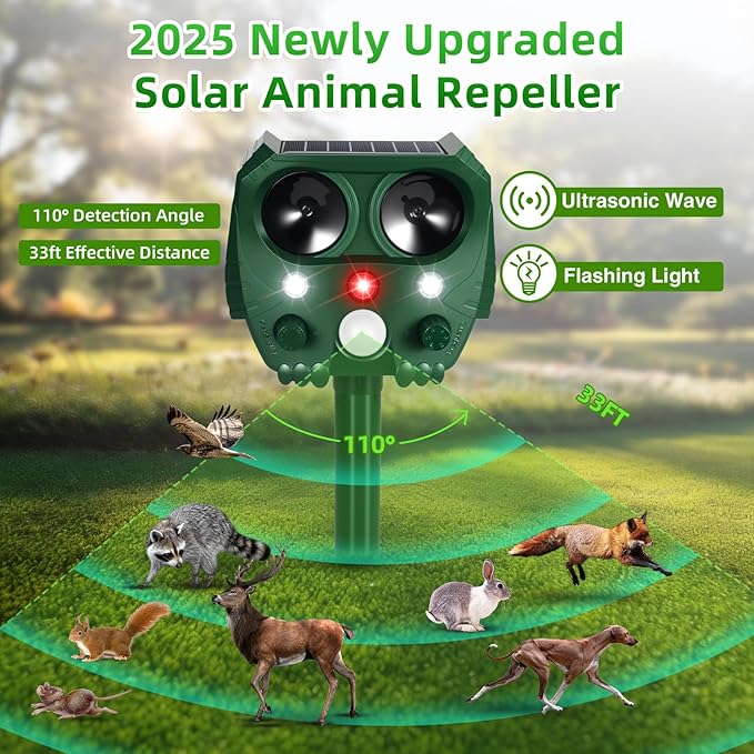 2 Pack 2025 Ultrasonic Animal Repeller Outdoor Solar Deer Repellent Devices with Motion Detection,Waterproof Squirrel Raccoon Fortress Pro Deterrent Light for Cat Skunk Rabbit Dog