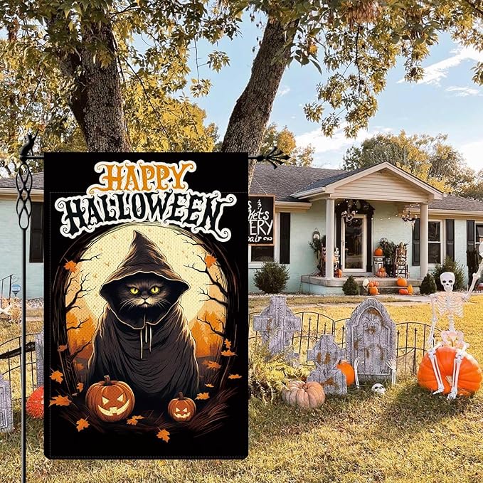 Happy Halloween Garden Flag Black Wizard Cat Flag Ghost Pumpkin Vertical Double Sided Rustic Farmland Burlap Yard Lawn Outdoor Decor 12.5x18"