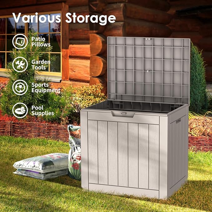 ROJIK Outdoor Storage Housing Deck Box - Waterproof Patio Furniture, Garden Tools, Cushions, Pool Accessories Storage Bench with Lockable Lid and Side Handles (Grey, 30 Gal)