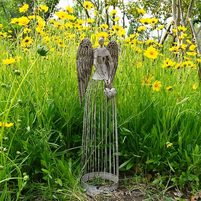 Linfevisi Garden Angel Statue Decor Rustic Metal Angel Sculpture Garden Yard Art Heavenly Home Decor Antiqued Accent Housewarming Gift 32 Inch Tall (Heart)
