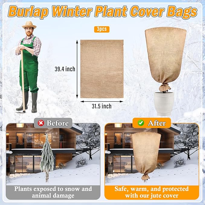 Legigo 3 Pack 32 X 40 Inch Burlap Plant Covers Freeze Protection Bags, Winter Plant Frost Covers with Drawstring, Reusable Tree Covers Burlap Frost Cloths Protection for Outdoor Plants Shrubs Fruit