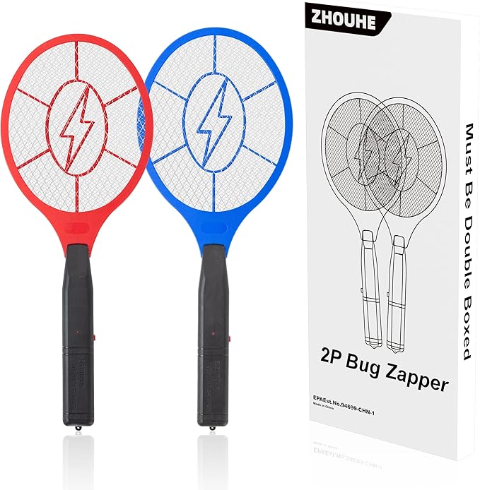 ZhouHe Pack of 2 Electric Fly Swatter Bug Zapper Battery Operated Flies Killer Indoor & Outdoor Pest Control Mosquito Zapper and Insect Catcher Racket（red＆Blue）