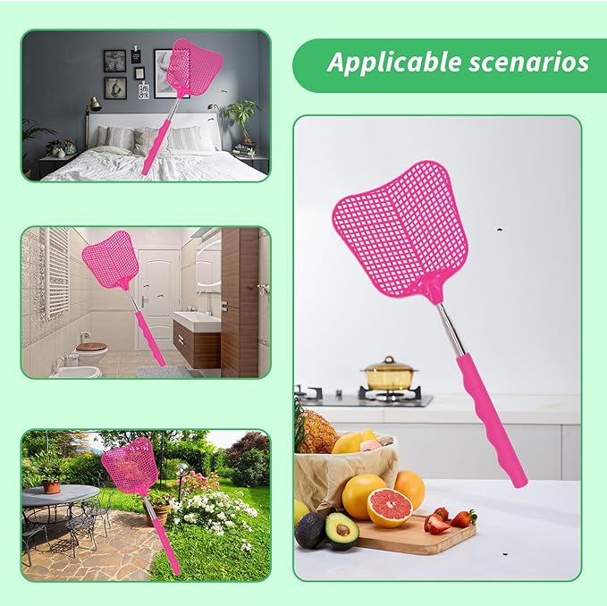 MYSTICHOME Fly Swatter 1 PCS, Durable Heavy Duty Plastic Fly Swatters, Stainless Steel Telescopic FlySwatter for Indoors/Outdoor/Kitchen/Garden (Roes Red)