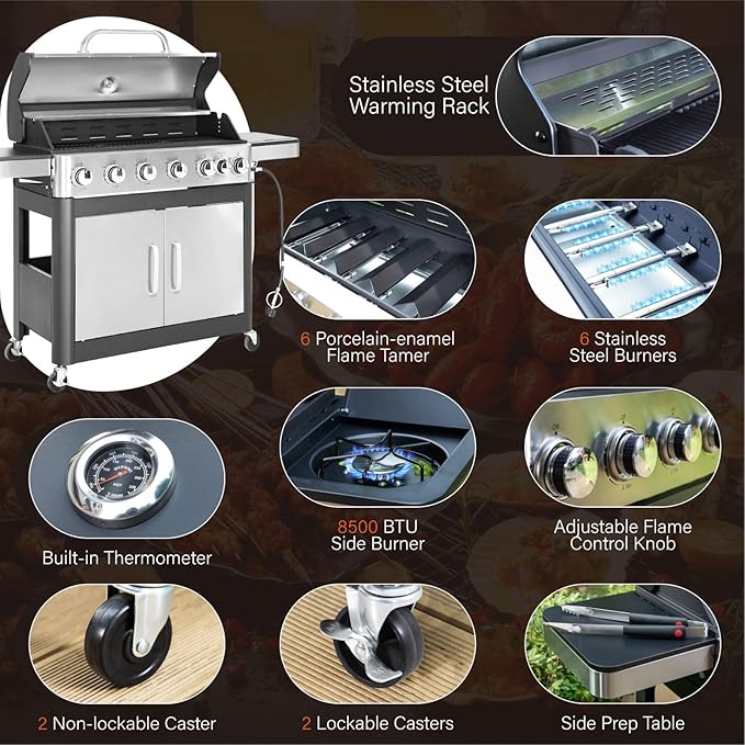 Sophia & William 6-Burner Propane Gas BBQ Grill with Side Burner & Porcelain-Enameled Cast Iron Grates, Stainless Steel Barbecue Grills Outdoor Cooking for Outside, 665 SQ.IN. Cooking Area, 65,800BTU