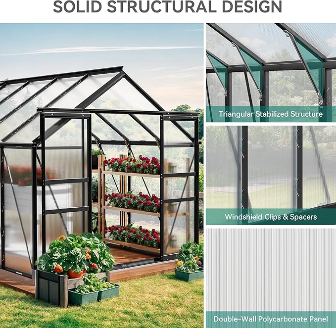 YITAHOME 12x8FT Polycarbonate Greenhouse Large Heavy Duty Green Houses Outdoor Aluminum Greenhouses with Sliding Doors Vent Window Walk-in Greenhouse for Garden Backyard, Black