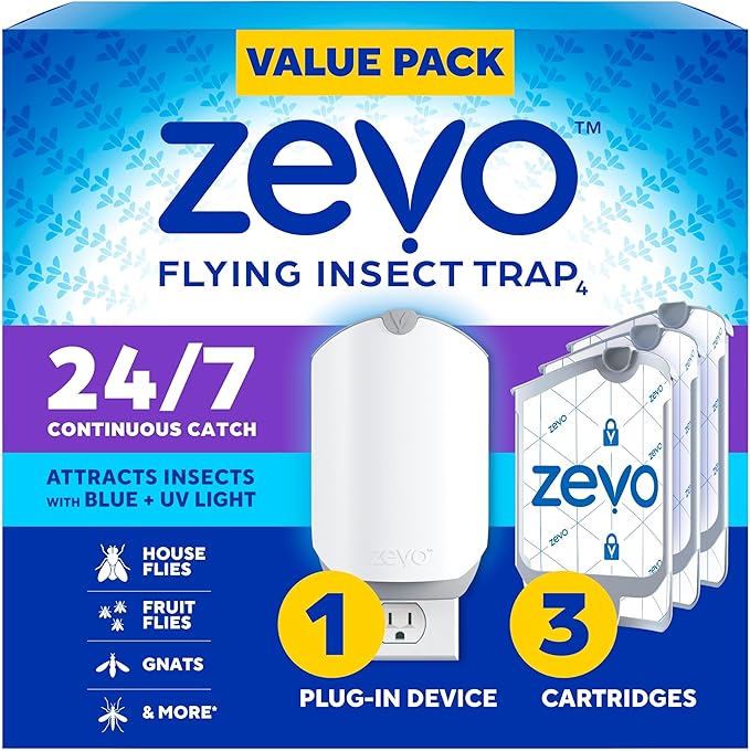 Zevo Flying Insect Trap & 3 Refill Cartridges - Plug in Fly Trap & Indoor Bug Catcher for Gnats, House & Fruit Flies - Blue & UV Light Technology, Mess-Free Alternative to Bug Zapper