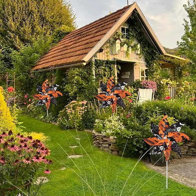 10 Pack 15.35 lnches Windmill Outdoor Halloween Decorations Applied to Lawn, Yard, Garden, Farm ，As Well As Decor Indoor Pinwheels Toy - Orange Black Wind Spinners（Bats/Pumpkin/Skull）