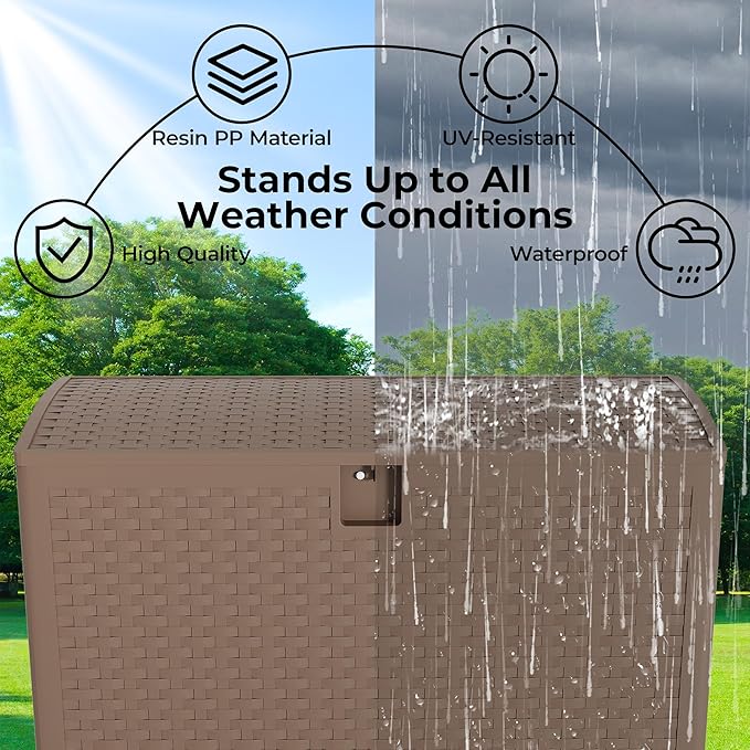 99Gallon Brown Resin Deck Box, Outdoor Storage Box Waterproof Lockable, Patio Deck Box For Package Delivery, Outside Storage Box Container for Furniture Cushions, Garden Tools, Pool Accessories