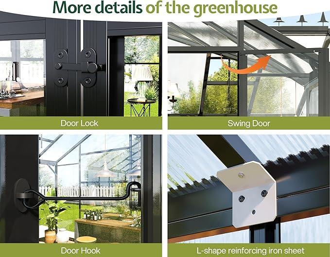 Jocisland 12x10x8 FT Greenhouse for Ourdoors, Quick-Connect Fittings, Aluminum Frame with 2 Vents, 2 Doors, and Walk-in Design for Garden or Backyard, Black