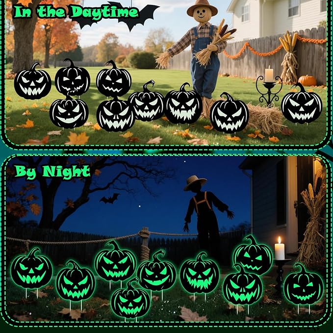 9 Pack Halloween Pumpkin Yard Sign with Stakes Glow in Dark Decorations Outdoor Silhouette Pumpkin Yard Signs Waterproof Outside Patio Lawn Decor for Home Halloween Party