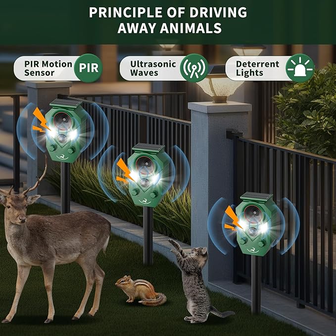 Ultrasonic Deer Repellent Outdoor, Solar-Powered Waterproof Animal Repellent Device for Yard, Garden, and PlantsEffective Repel Cat, Dog, Squirrel, Deer, Raccoon, Rabbit, and Skunk (4)